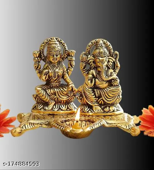 Brass Laxmi Ganesh Deepak Statue, intricate Indian decor showpiece for home or office