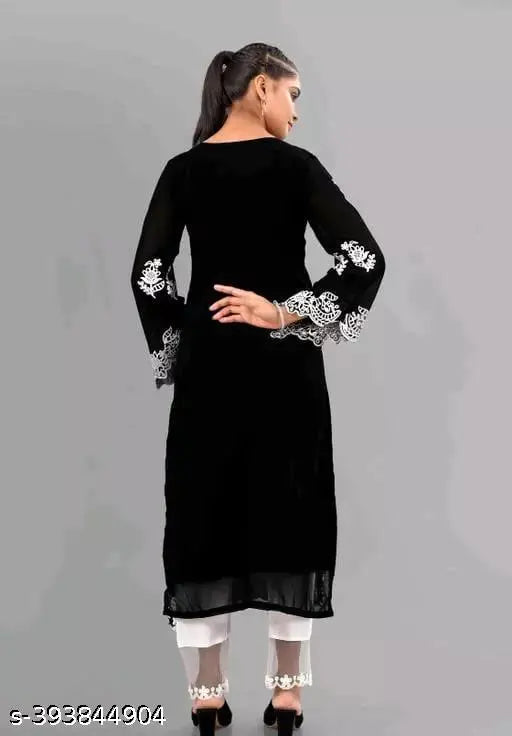 Floral embroidered Georgette salwar suit set, full sleeve top and white pant with three-quarter sleeves