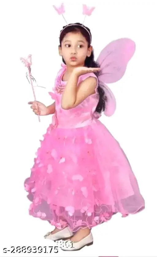 Pink embellished net fairy princess dress with butterfly wings and hair band, perfect for girls aged 2-8 years. Made in India