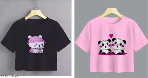 Cute pink cotton-blend crop top set with cartoon print, short sleeves, women's clothing in S, M, L, XL sizes