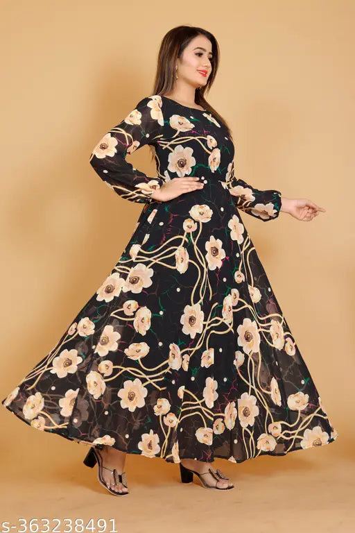 Black Georgette Anarkali Floral Pattern Full Sleeve Stitched Kurti, digital printed fancy design, premium quality, India origin