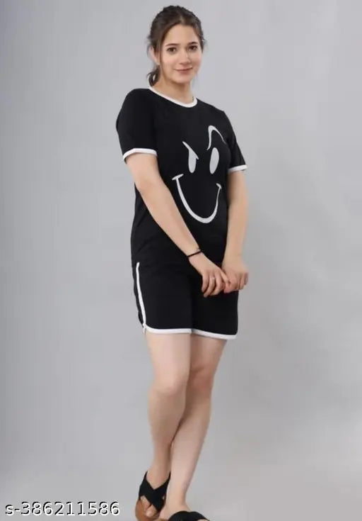 Cotton blend stylish nightsuit with printed smiley faces, perfect for women's loungewear