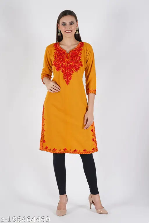 Mustard-wool three-quarter sleeve embroidered kurti, premium quality winter wear for women, hand-embroidery design and lace detailing on round neck