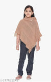 Woolen, sleeveless camel poncho for kids aged 7-8 years - easy wash, solid pattern, handcrafted from India