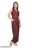 Maroon solid polyester jumpsuit for ladies, sleeveless and stylish, XS to XXXL sizes available, handcrafted Indian product