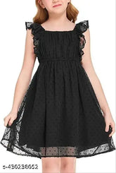 Georgette stretchy A-line dress, ruffled sleeves & swiss dot print for kids 3-12 years, casual wear