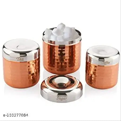 Premium copper tea, sugar, coffee, dryfruit storage organizer set - high-quality hammered Rajwadi jars (3 pc) in stainless steel, ideal for home or kitchen use, India origin