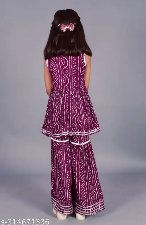 Rayon print girls kurta and sharara set, A-line top with V neck, sleeveless, lace work, suitable for weddings, parties, and festivals
