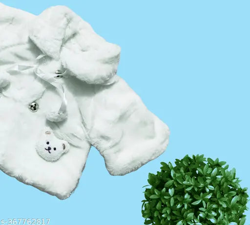 White wool faux fur baby jacket poncho with soft plush pompom, warm winter outerwear for infant toddler girls