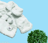 White wool faux fur baby jacket poncho with soft plush pompom, warm winter outerwear for infant toddler girls