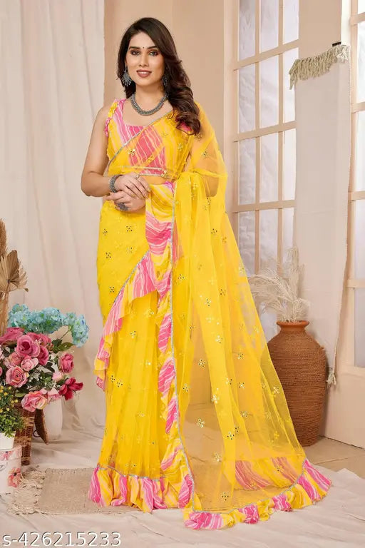 Yellow mirror work Net saree with Leriya print blouse, soft Georgette fabric - Indian party wear or festival fashion