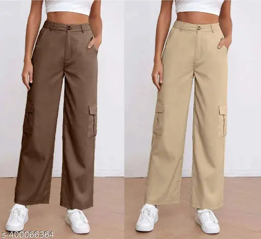 Women's cotton lycra nylon trousers pack of 2, straight fit, solid net, available in sizes 28-34