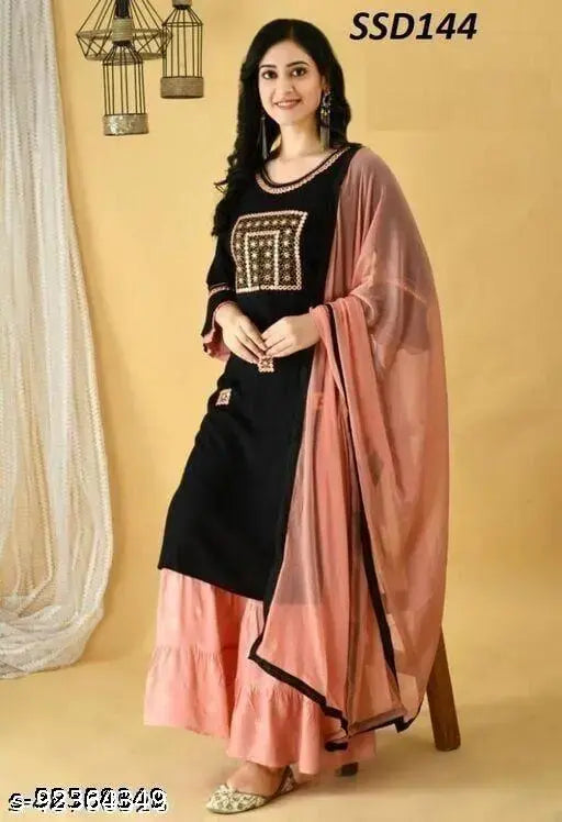 Rayon embroidered ZARNA dupatta set with matching kurta and bottomwear, three-quarter sleeves, India-origin ethnic wear for women