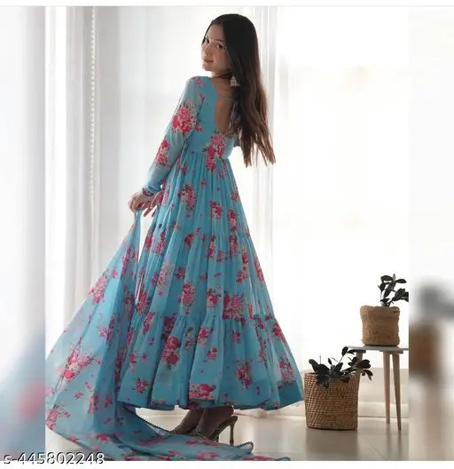 Printed designer Georgette gown with floral print, three-quarter sleeves. Full flair Anarkali style, includes dupatta and waist belt. Indian handcrafted, soft weightless fabric. Sizes: S(36), M(38), L(40), XL(42), XXL(44)