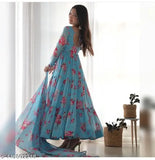 Printed designer Georgette gown with floral print, three-quarter sleeves. Full flair Anarkali style, includes dupatta and waist belt. Indian handcrafted, soft weightless fabric. Sizes: S(36), M(38), L(40), XL(42), XXL(44)