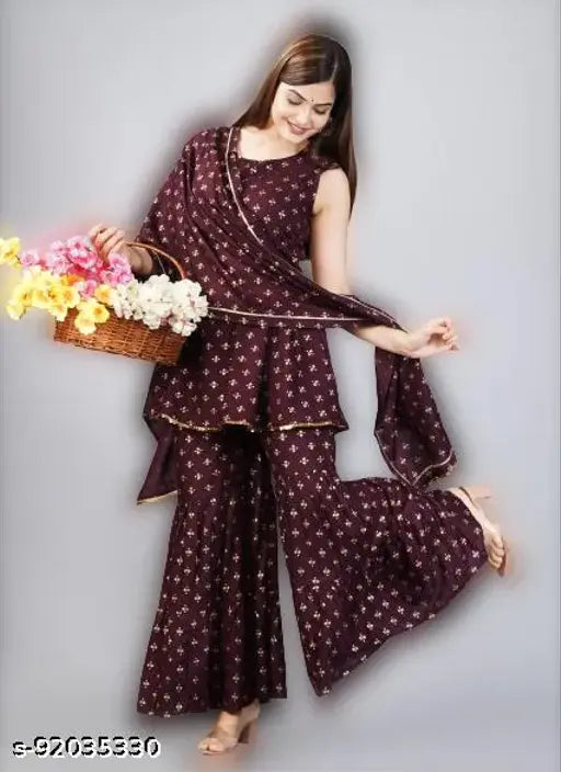 Rayon hand block printed sleeveless flare kurta with duppatta and ethnic wear, gold accents. Indian-made traditional women's attire
