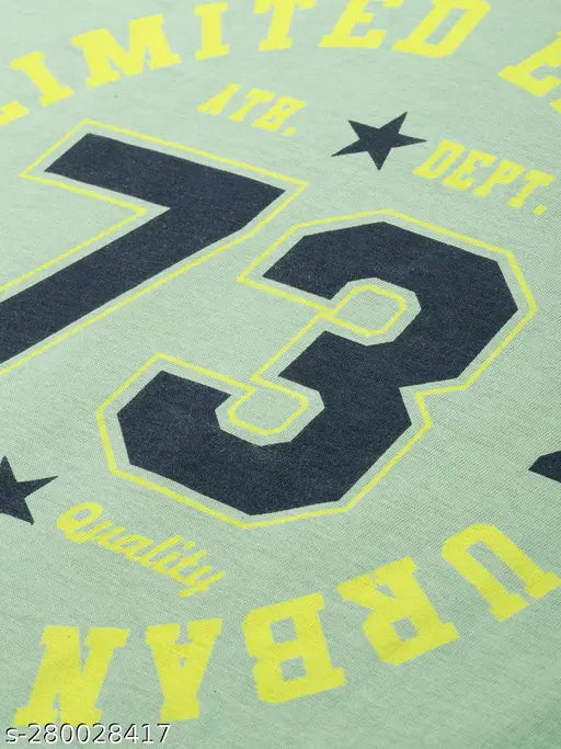 Round green cotton t-shirt, printed typography design for men, oversized fit, short sleeves, India origin