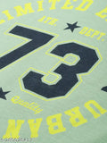 Round green cotton t-shirt, printed typography design for men, oversized fit, short sleeves, India origin