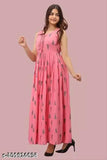 Rayon printed Anarkali long kurti gown, stylish sleeveless for women and girls, India-origin fashion