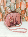 Canvas & leather sling bag for women and girls, appliqué net pattern, free size (L9xW4xH7)