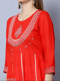Embroidered rayon kurti, three-quarter sleeves, printed combo. Indian women's fashion, embroidered detailing on display