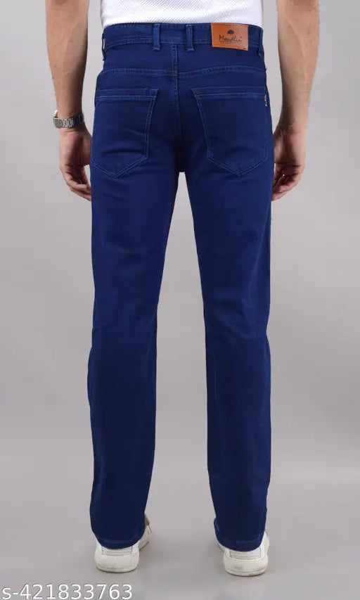 Men's blue stretchable denim jeans, solid pattern, versatile for casual and semi-formal wear. Available sizes: 42 (42/41/47), 44 (44/41/49), 46 (46/41/51), 48 (48/41/53), 50 (50/41/55). Made in India