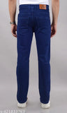 Men's blue stretchable denim jeans, solid pattern, versatile for casual and semi-formal wear. Available sizes: 42 (42/41/47), 44 (44/41/49), 46 (46/41/51), 48 (48/41/53), 50 (50/41/55). Made in India