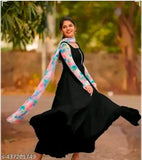 Black georgette evening gown, long sleeves, solid design, women's formal wear from KPP India