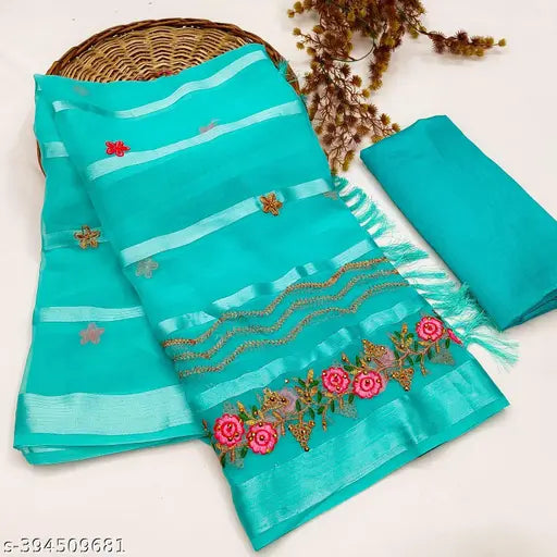 Indian georgette embroidered saree with separate blouse in solid net pattern