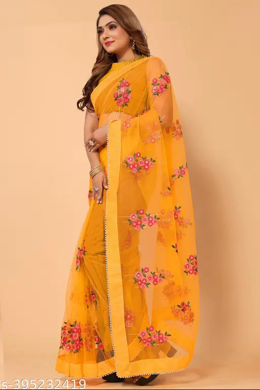 Beautiful Zari & Resham Thread Embroidered Soft net Saree with moti lace border, unstitched silk blouse - Indian party wear