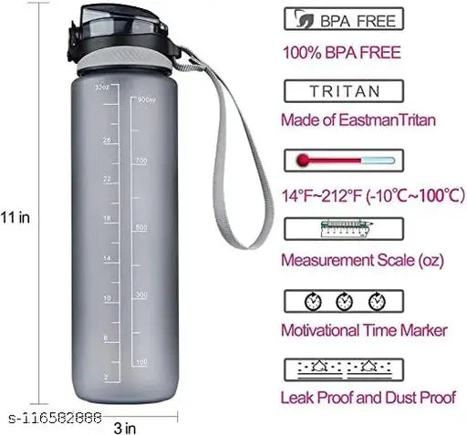 Black 1L water bottle with time markings, BPA-free non-toxic sports bottle for office, gym, yoga, and outdoor activities