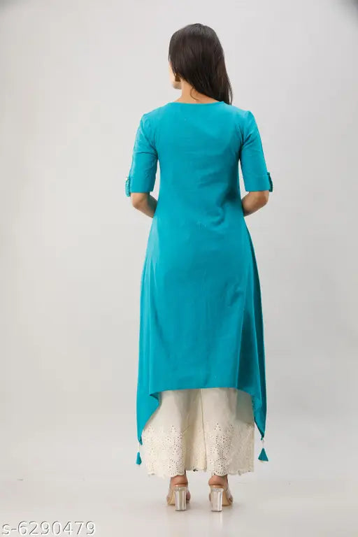 Teal Blue Embroidered Collar Asymmetrical Hem Kurti, high-quality cotton slub fabric, traditional Indian attire for women