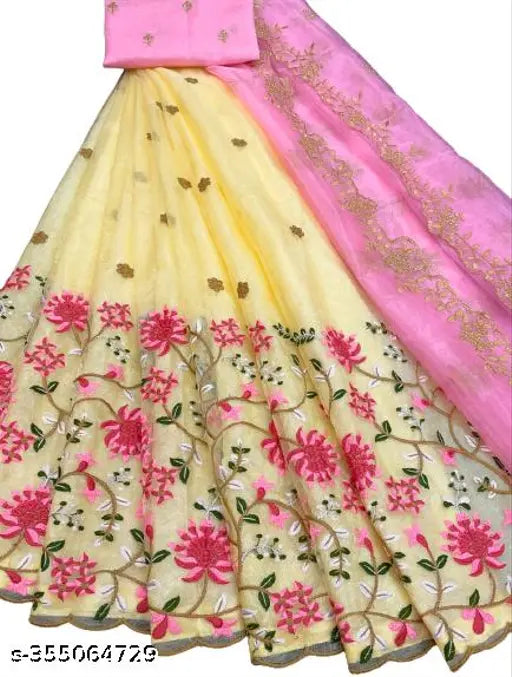 Pink dupion silk and net semi-stitched Lehenga Choli with floral embroidery, free size, 44in waist, 41-43in length
