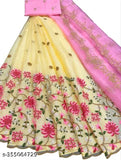 Pink dupion silk and net semi-stitched Lehenga Choli with floral embroidery, free size, 44in waist, 41-43in length