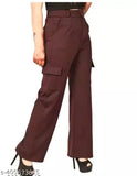 Women's premium cotton wide-leg cargo trousers, relaxed fit with insert pocket - solid color, size S-XL