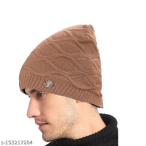 Brown woolen skull cap with checked pattern, stylish winter beanie for men and girls by COOL INDIANS