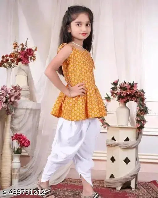 Yellow crepe dhoti and top, printed traditional Indian attire for kids aged 3-4 & 11-12 years