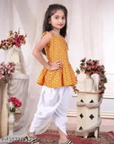 Yellow crepe dhoti and top, printed traditional Indian attire for kids aged 3-4 & 11-12 years