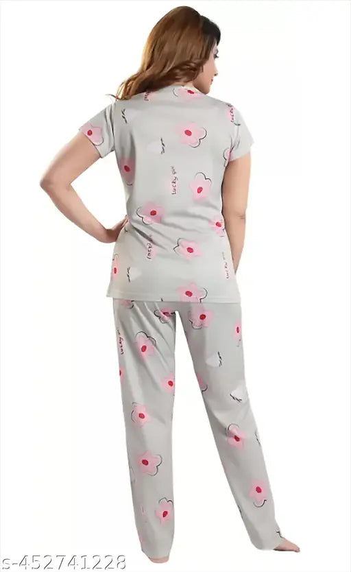 Digital printed grey flower women's coord set, stylish satin nightdress and top payjama set for women