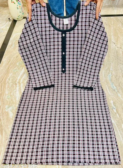 Wool check kurta for women, three-quarter sleeves, soft, sweat-absorbent, skin-friendly, Made in India