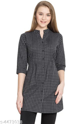 Grey checked cotton tunic top for women, three-quarter sleeves, V-neck, mandarin collar, button front closure - Indian-made casual wear