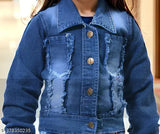 Blue denim full sleeves washable stretchable winter jacket for girls (1-2 yrs: Bust 10in, Length 13in, Waist 18in; 6-7 yrs: Bust 16in, Length 18in, Waist 28in; 7-8 yrs: Bust 17in, Length 19in, Waist 30in) - Indian crafted, stylish kids denim jacket