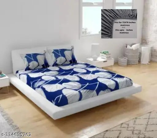 Attractive glace cotton, geometric-patterned elastic fitted 1 bedsheet & 2 pillow covers (summer), ideal for adults (8" mattress). Neat elastic border finish and subtle shine. Made in India