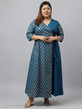 Teal poly crepe printed Angrakha kurta, XL LOVE by Janasya, three-quarter sleeves, gold leaf print on natural backdrop