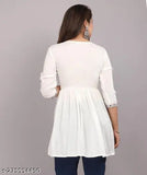 White rayon pleated kurti with ethnic embroidery, three-quarter sleeves, India origin