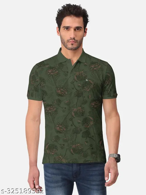 Olive green printed polo t-shirt, Bullmer men's cotton blend short sleeves with all over design