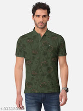 Olive cotton blend printed polo t-shirt for men, featuring all-over design and short sleeves