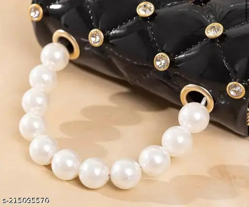 Synthetic quilted net sling bag, pearl accents, free size for travel/party/casual use, The Jewel Hub women's handbag