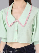 Mint green stretchable Georgette long-sleeve crop shirt top by Jakanary, solid pattern with contrast lace collar