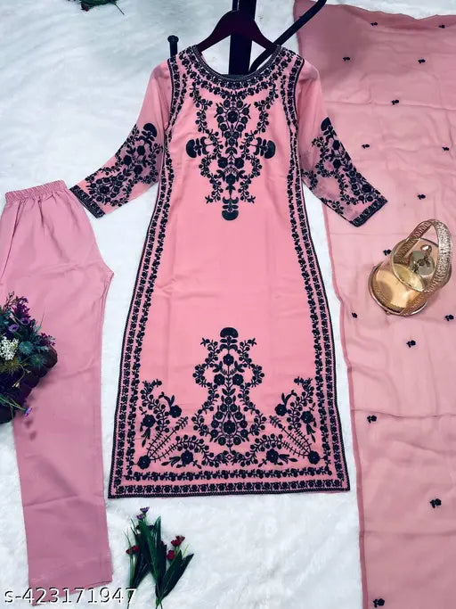 Georgette kurta with dupatta and cotton bottomwear, heavy embroidery work, Indian party wear, three-quarter sleeves" (≤125 characters)